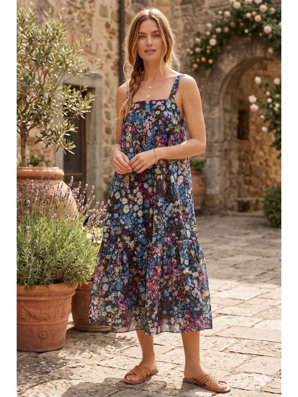 Anthropologie Geisha Designs Floral Organdy Midi Dress Sequin Ruffle Womens Sz 6